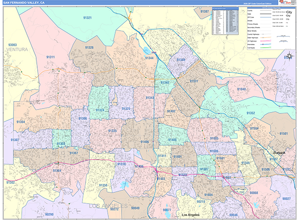 San Fernando Valley Metro Area Wall Map Color Cast Style